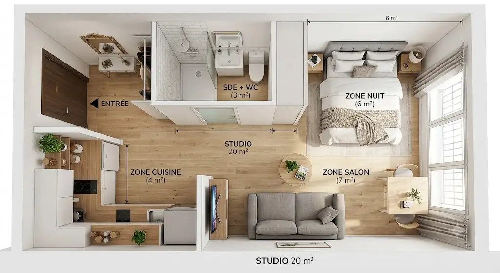 Plan d'aménagement côté pour un studio de 20m2 avec répartition des zones nuit et salon. (aménager un studio de 20m2)