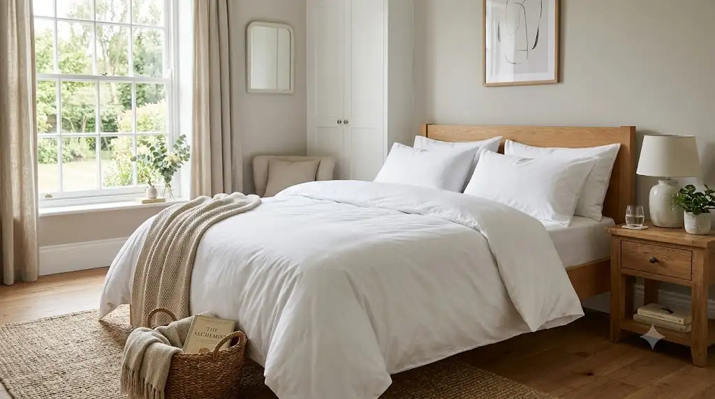 Parure de lit pas cher en coton blanc épuré installée dans une chambre parentale lumineuse