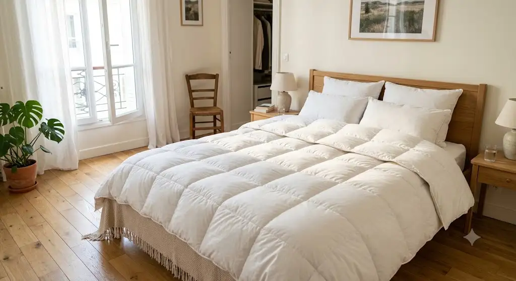 Couette pas cher blanche et gonflante installée sur un lit deux personnes dans une chambre lumineuse