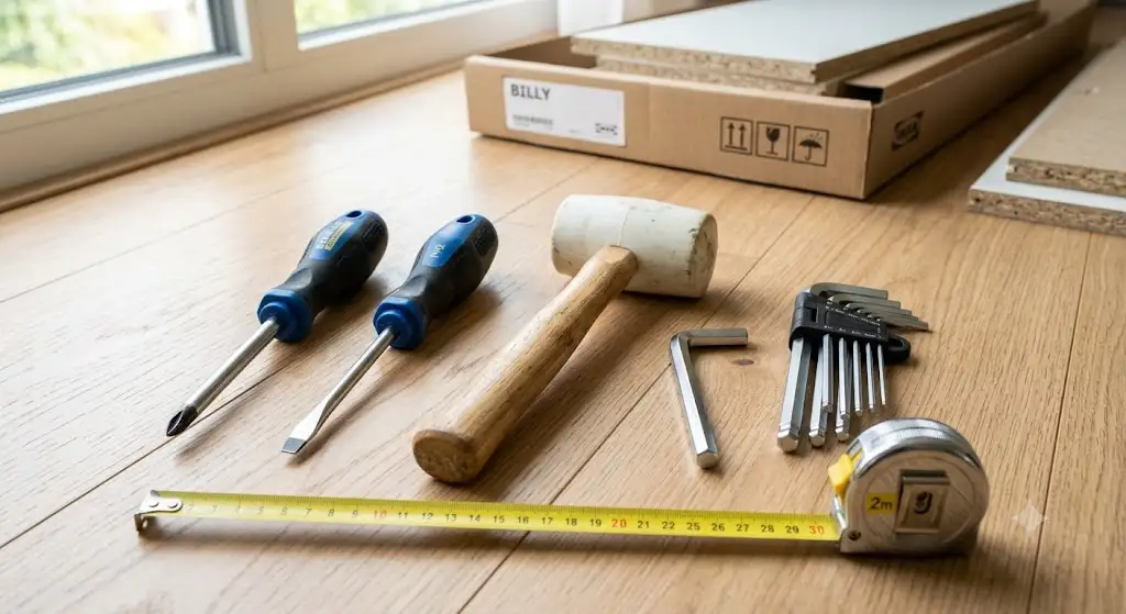 Outils indispensables pour monter un meuble en kit : tournevis, maillet et clé Allen disposés au sol. (comment monter un meuble en kit)
