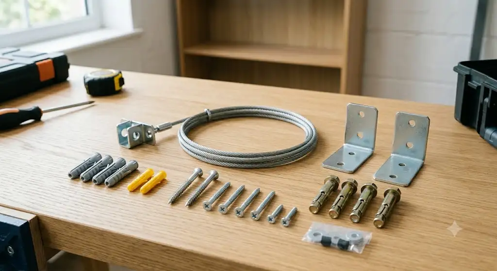 Kit de fixation murale anti-basculement complet avec équerres, chevilles et vis pour sécuriser une bibliothèque au mur. (fixer bibliothèque au mur anti basculement)
