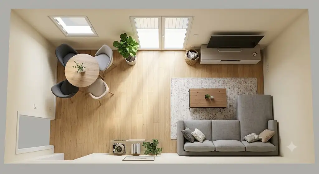 Plan d'aménagement en 3D d'un salon de 15m2 avec canapé d'angle et coin repas aménager un salon de 15m2