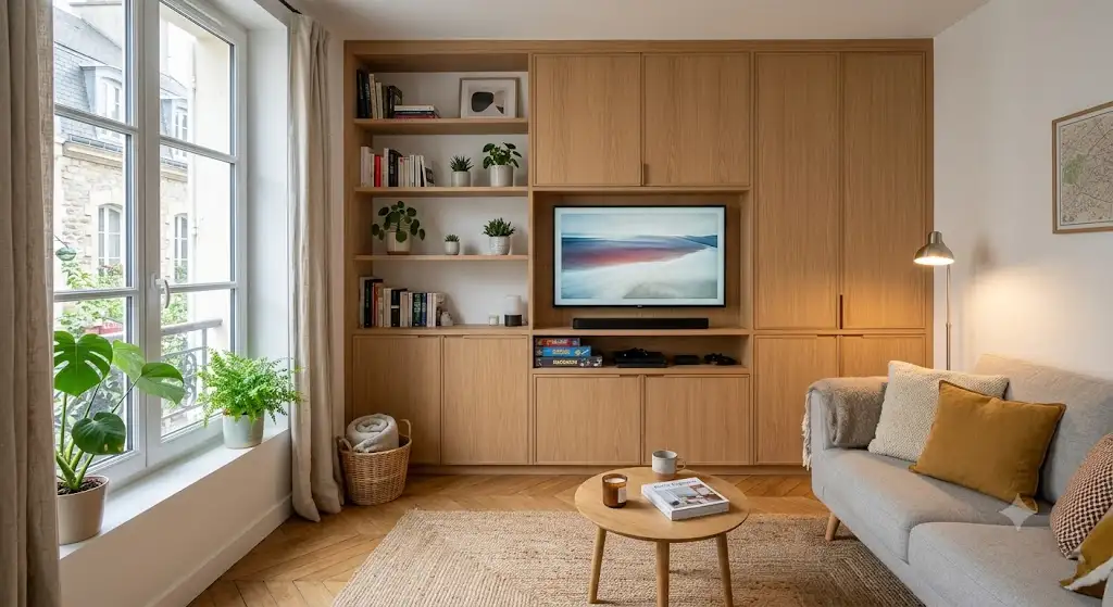 Salon de petit appartement aménagé avec meuble TV intégrant des rangements fermés pour optimiser l'espace. optimiser le rangement en appartement