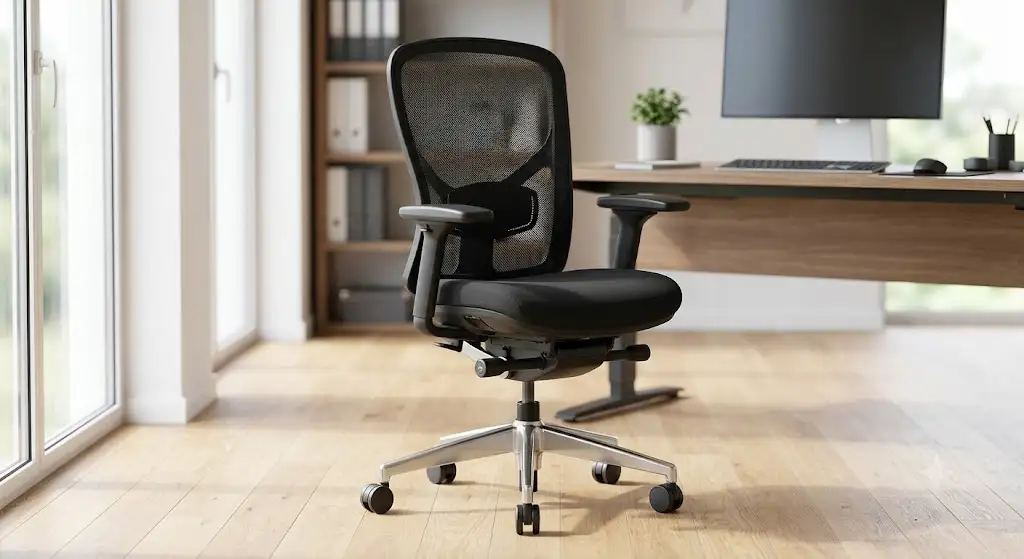 Vue d'ensemble pour notre test et avis sur une chaise de bureau ergonomique réglable. (test chaise de bureau avis)
