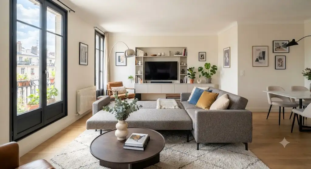 Salon moderne lumineux avec un canapé convertible ou fixe bien agencé pour optimiser l'espace de vie.