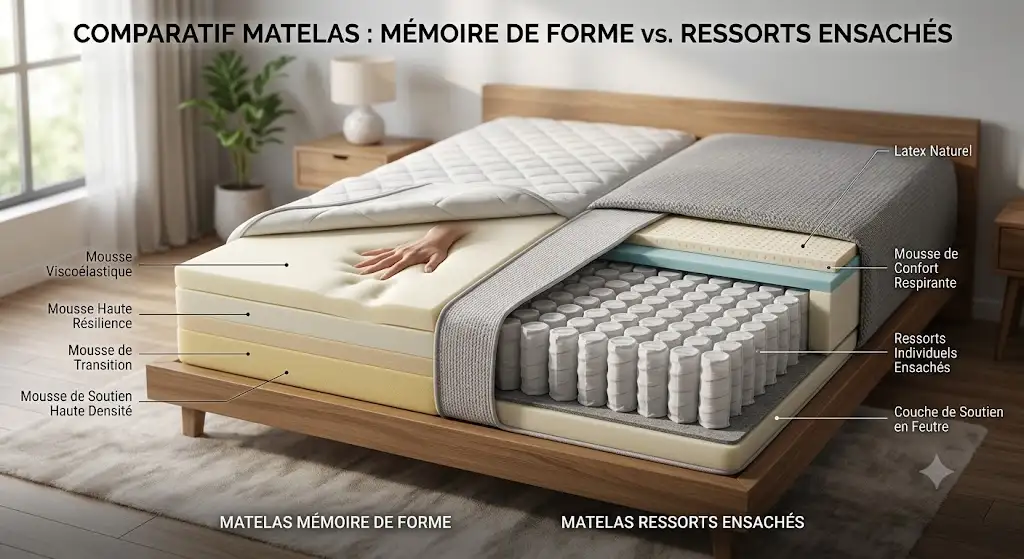 Comparatif visuel entre un matelas à mémoire de forme et un matelas à ressorts ensachés avec coupe transversale des technologies. (matelas mémoire de forme ou ressorts ensachés)
