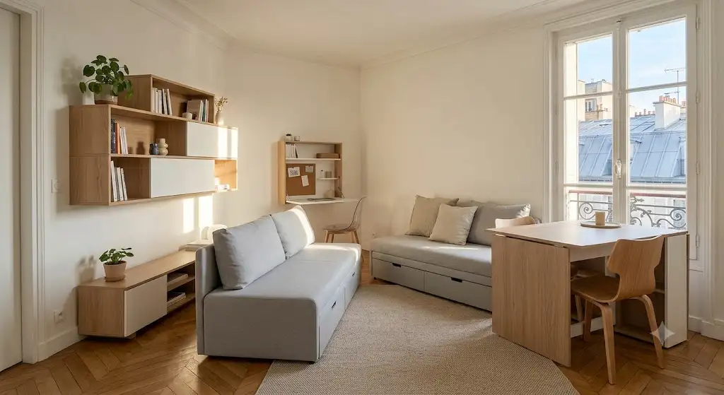 Sélection du meilleur mobilier petit appartement 2026 dans un salon studio parisien optimisé