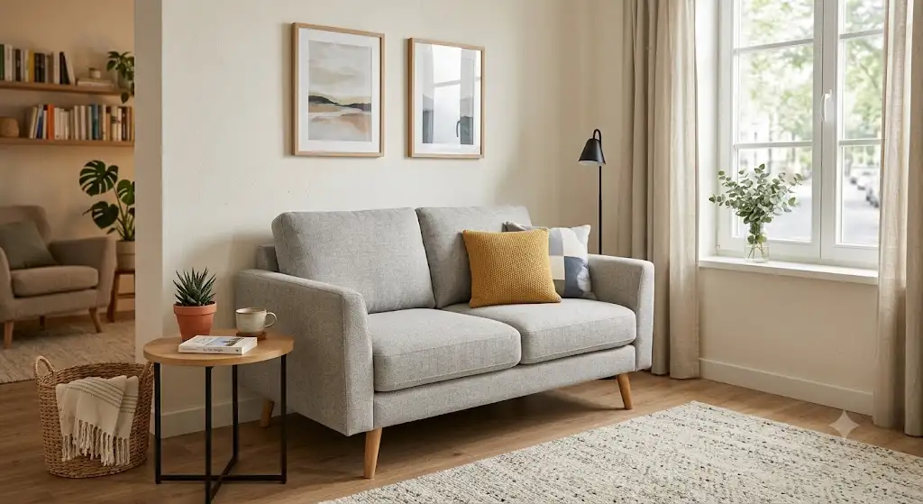 Canapé 2 places pas cher en tissu gris clair installé dans un petit salon moderne