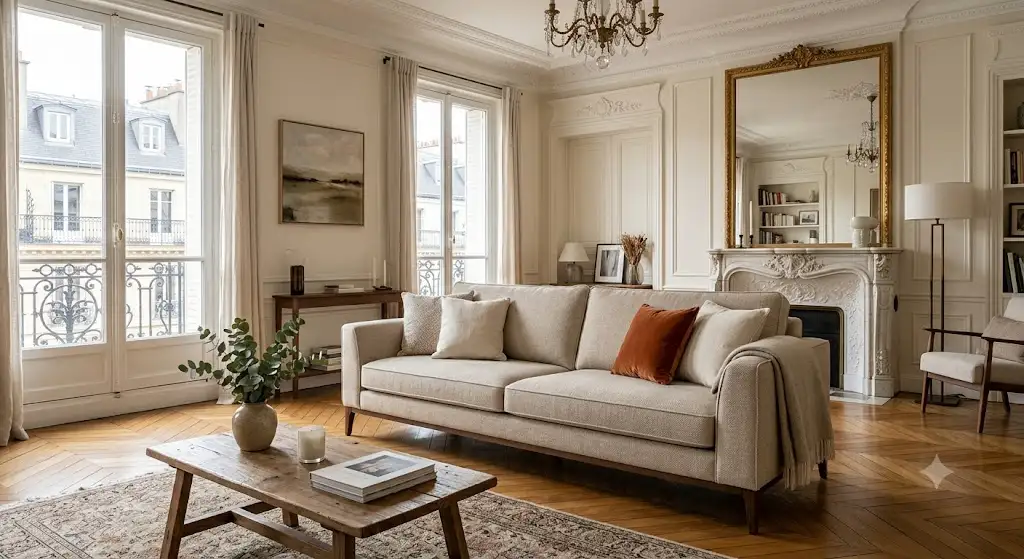 Canapé 4 places droit en tissu beige clair installé dans un grand salon haussmannien avec parquet en point de Hongrie