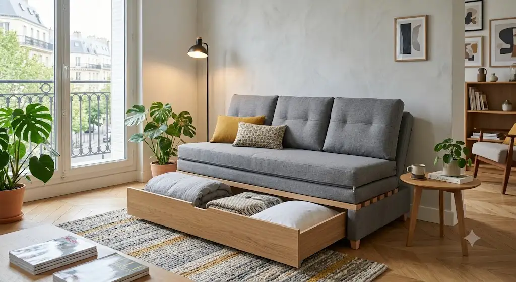 Canapé bz coffre de rangement intégré en tissu gris installé dans un salon moderne.