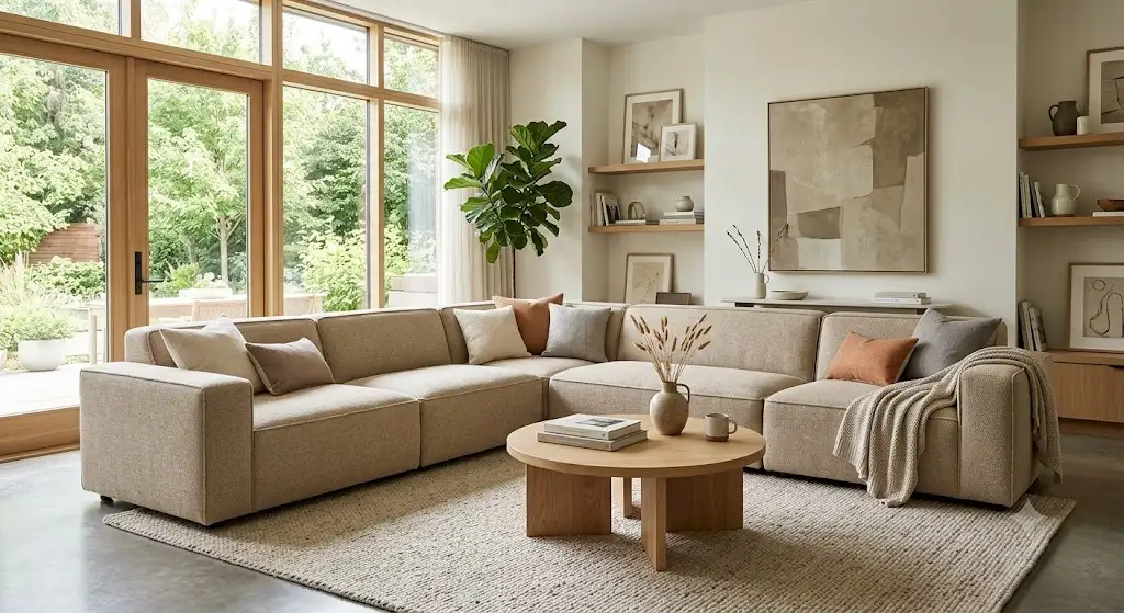 Grand canapé modulaire par éléments en tissu beige agencé au centre d'un salon lumineux contemporain