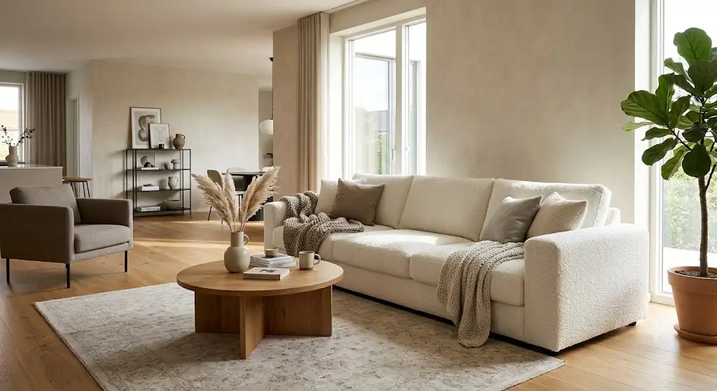 Grand canapé en tissu bouclette blanc installé dans un salon moderne aux tons neutres. (canapé bouclette)