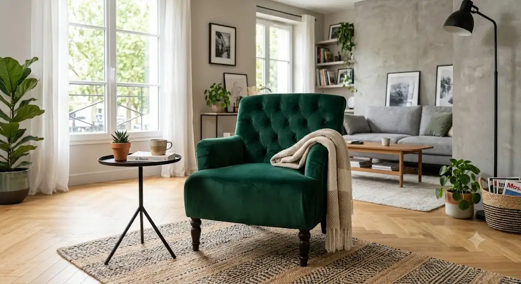 Fauteuil crapaud pas cher en velours capitonné dans un salon moderne