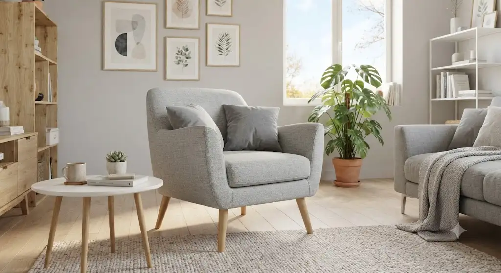 Fauteuil scandinave pas cher gris clair installe dans un salon moderne avec une decoration bois et des coussinets moelleux