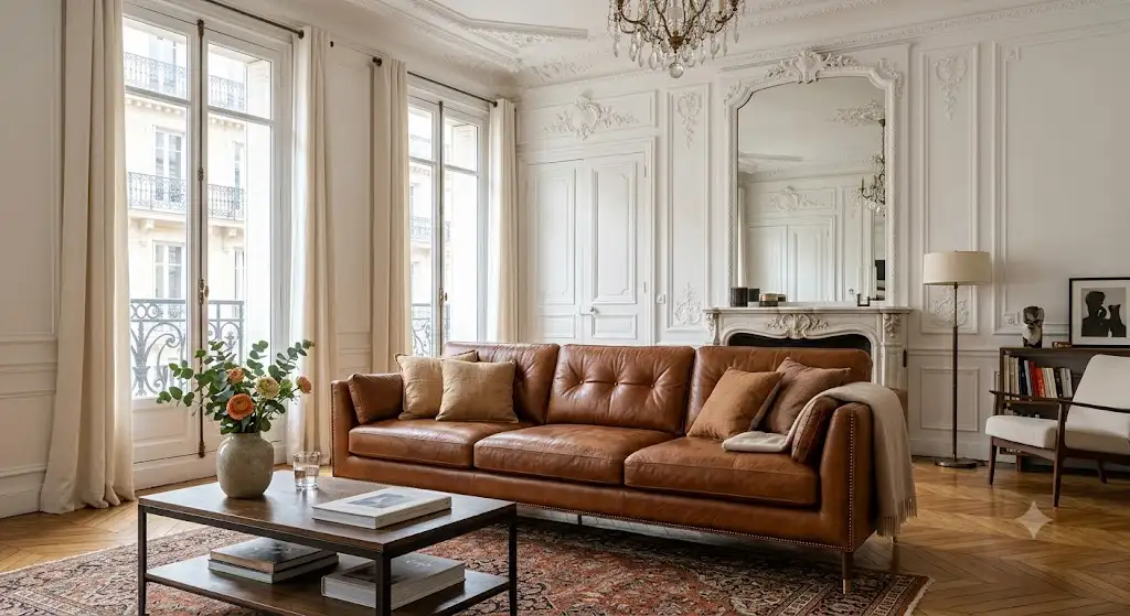 Grand canapé haut de gamme en cuir pleine fleur cognac installé dans un salon haussmannien avec moulures