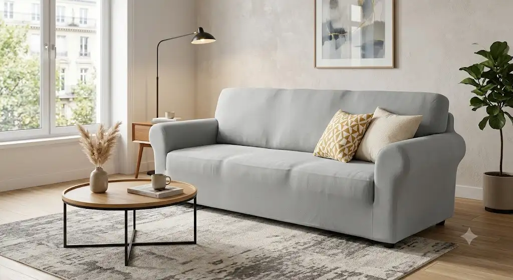 Housse de canapé pas cher extensible gris clair installée sur un canapé trois places dans un salon moderne