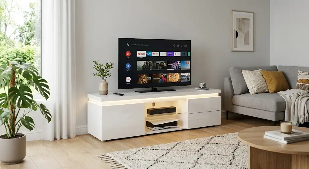 Meuble TV avec LED pas cher blanc laqué installé dans un salon contemporain lumineux
