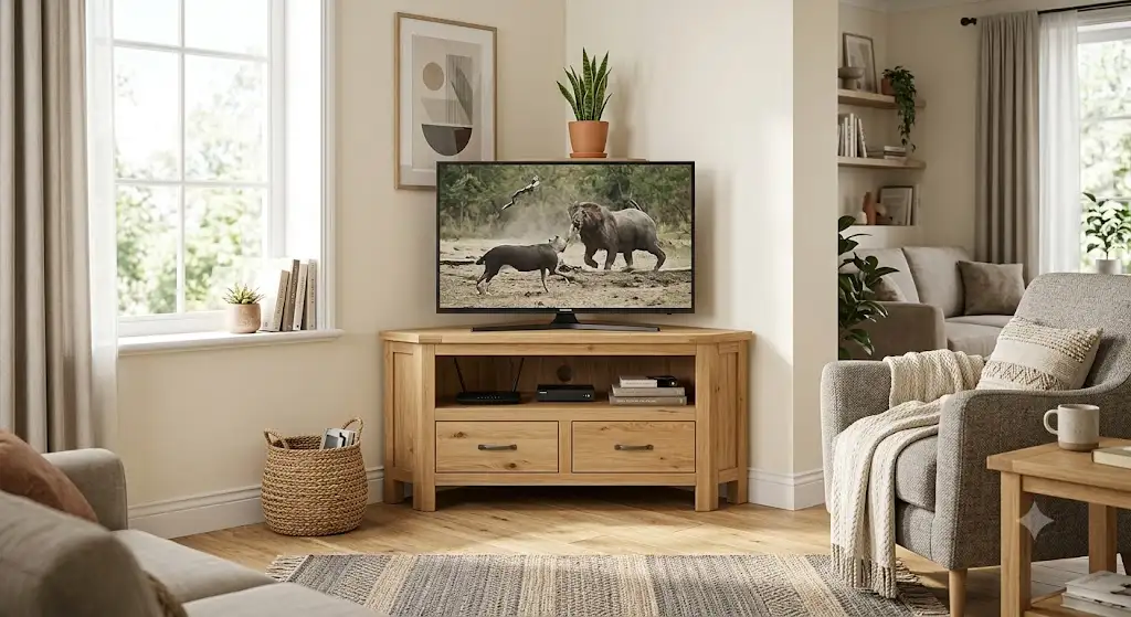 Meuble TV d'angle pas cher en bois clair installé dans un salon moderne