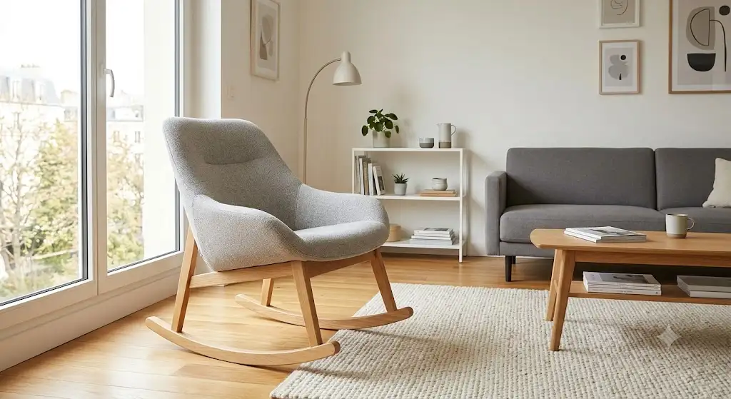 Fauteuil à bascule pas cher au style scandinave en tissu gris clair installé dans un salon moderne lumineux.