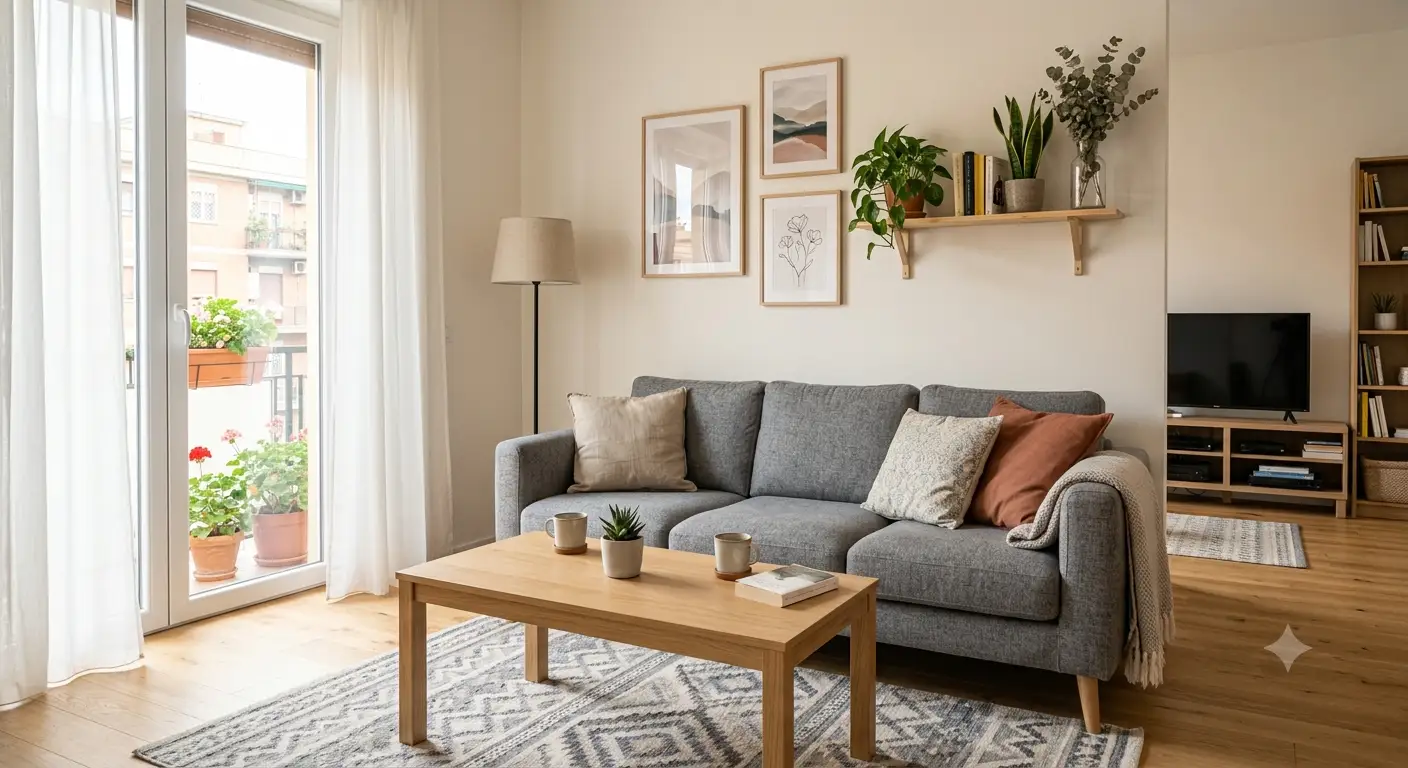 Arredamento casa sotto 1000 euro con divano grigio e tavolino in legno per un soggiorno economico e moderno
