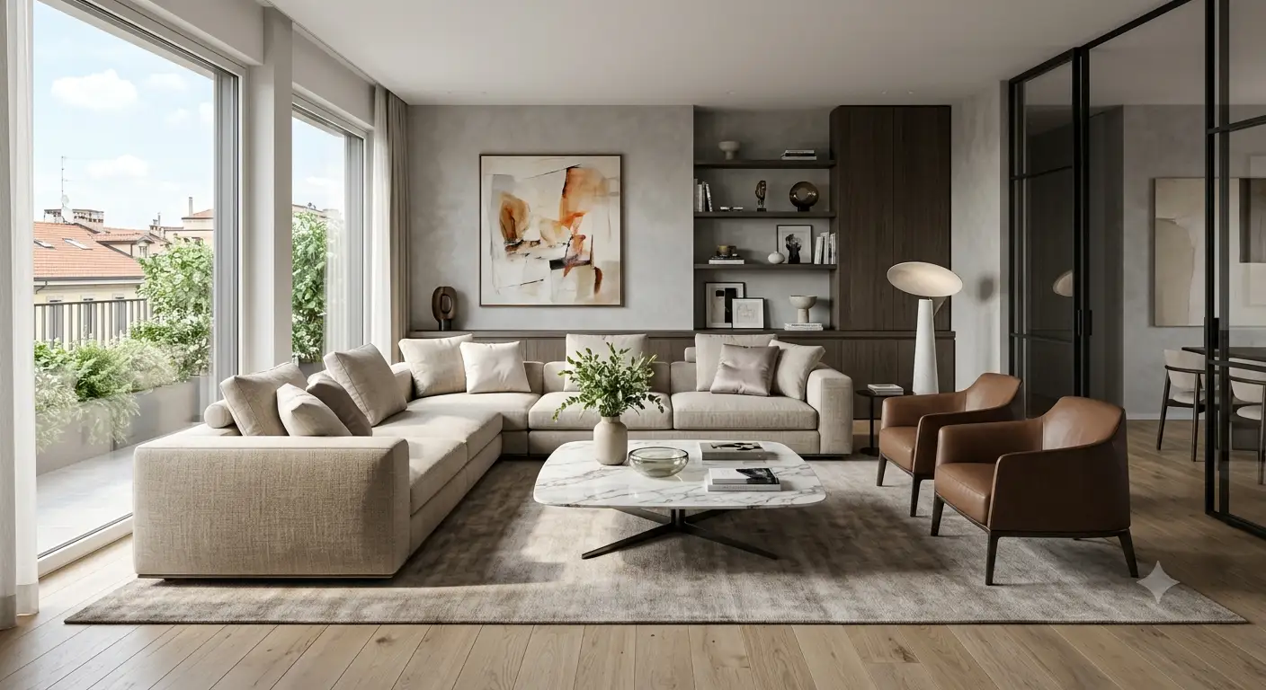 Soggiorno moderno di lusso arredato con mobili eleganti e finiture di pregio
