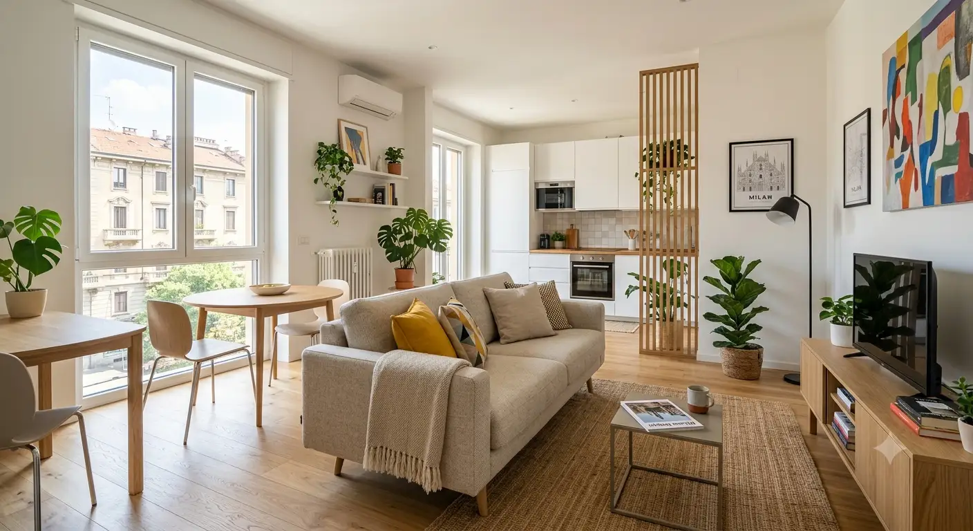 Progetto di arredo per un monolocale a Milano con zona giorno luminosa e divano letto di design