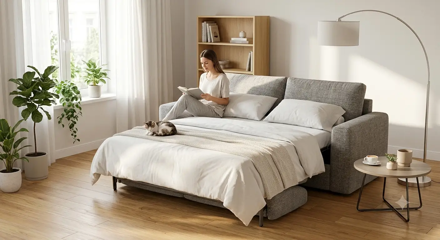 Divano letto matrimoniale dal design moderno in tessuto grigio aperto in un soggiorno luminoso