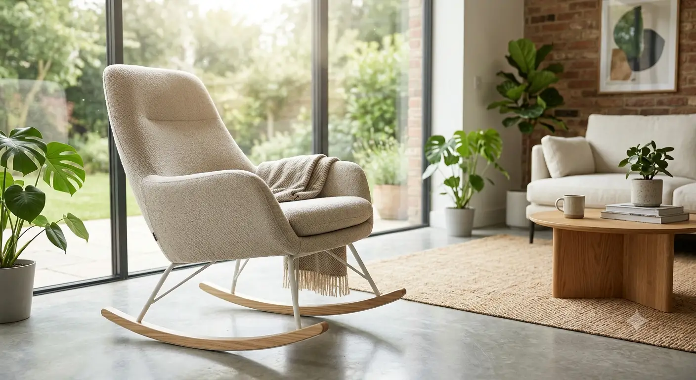 Poltrona a dondolo dal design moderno in tessuto chiaro posizionata in un soggiorno luminoso