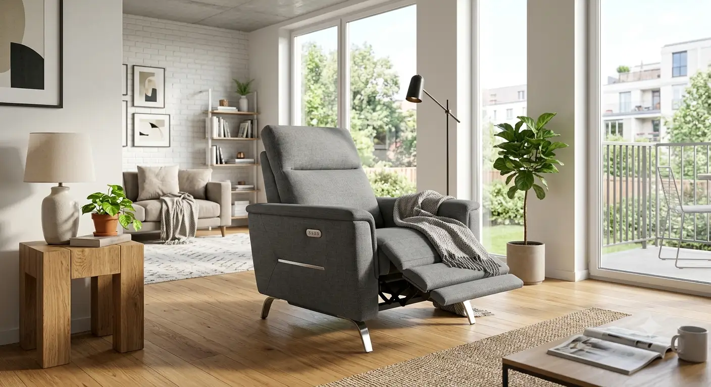 Poltrona reclinabile elettrica dal design moderno posizionata in un soggiorno luminoso