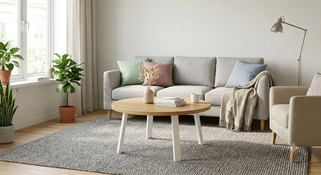 Table basse ronde pas cher en bois clair et pieds blancs dans un salon au style scandinave épuré
