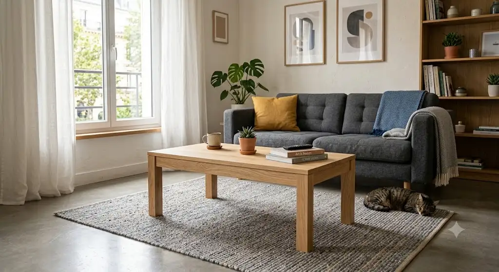 Table basse rectangulaire pas cher en bois clair installée dans un salon moderne chaleureux