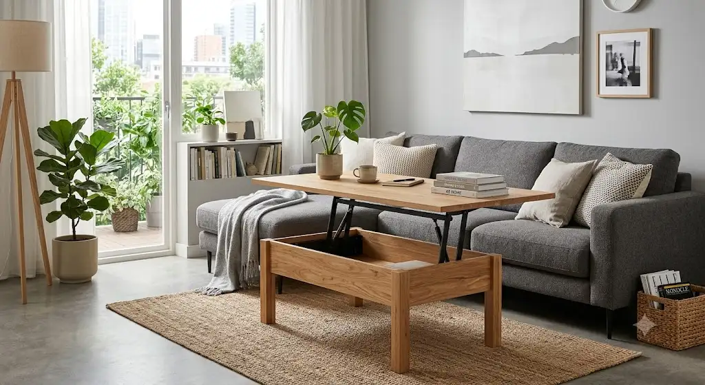 Table basse relevable en bois naturel dans un salon contemporain avec canapé gris