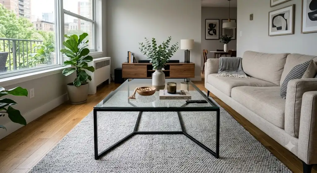 Table basse en verre pas cher rectangulaire avec piètement noir dans un salon moderne