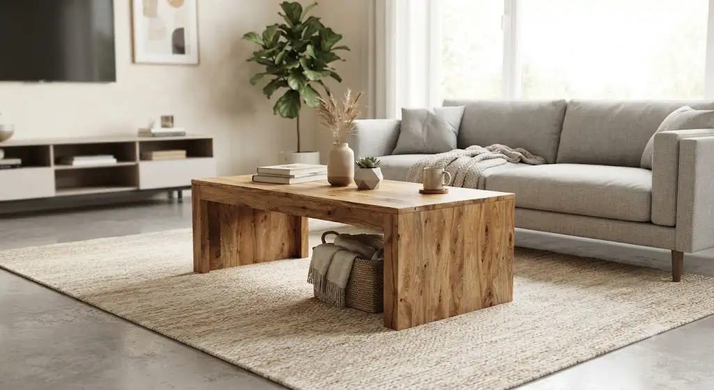 Table basse bois massif pas cher installée dans un salon moderne avec tapis clair.