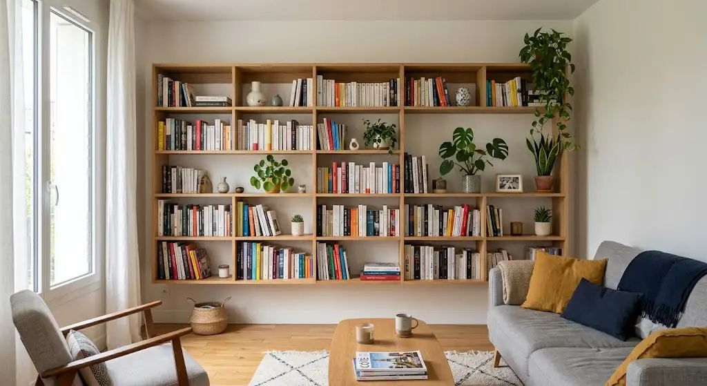 Bibliothèque murale pas cher en bois clair installée dans un salon moderne avec livres et plantes