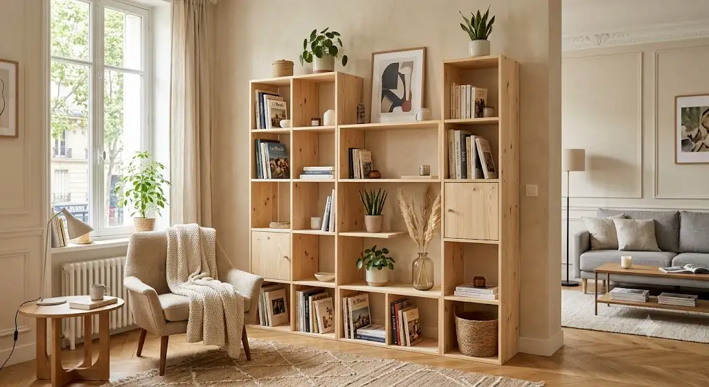 Étagère modulable pas cher en bois clair installée dans un salon moderne