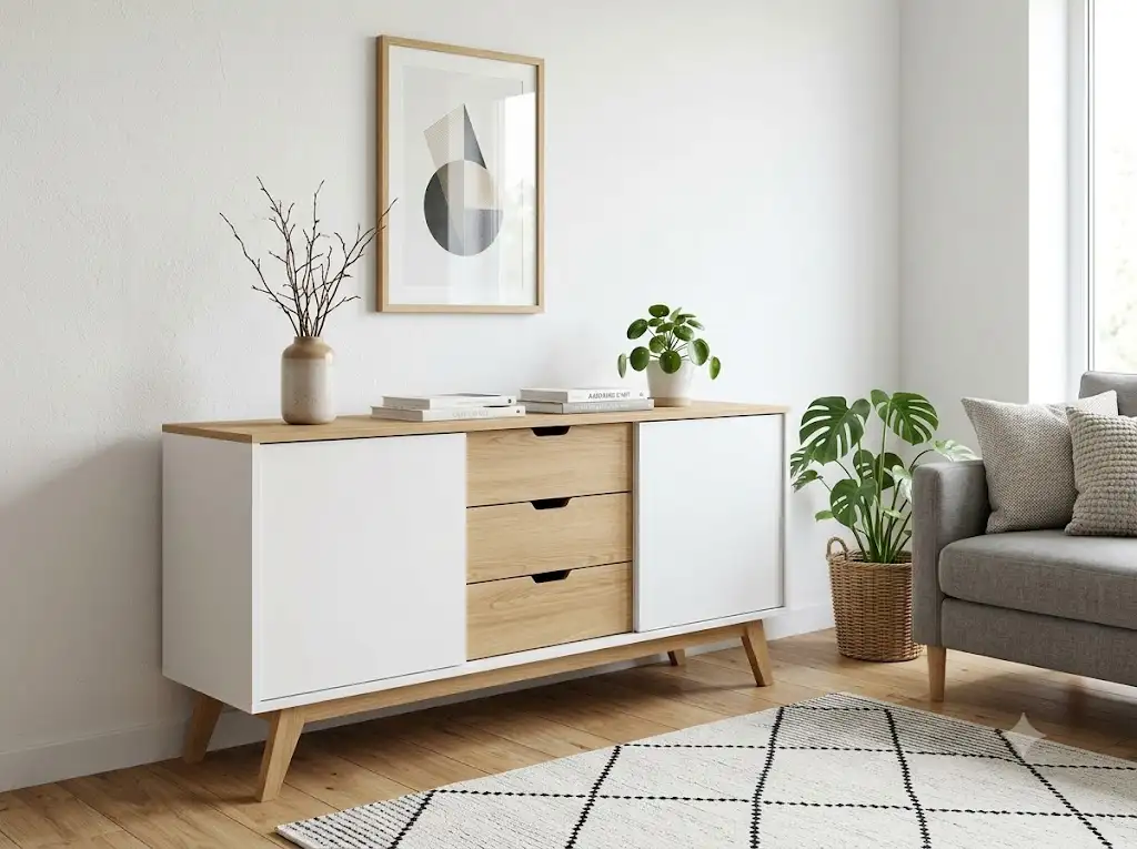 Buffet scandinave pas cher en chêne clair et blanc dans un salon moderne