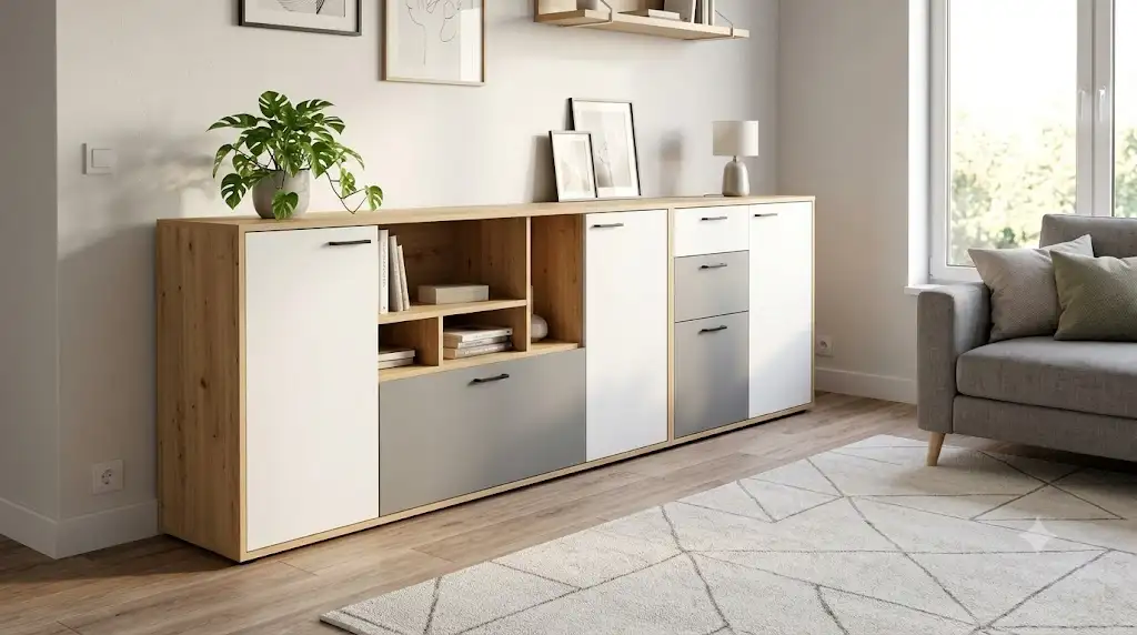 Grand bahut enfilade pas cher dans un salon moderne avec rangements fermés et étagères. (enfilade bahut pas cher)