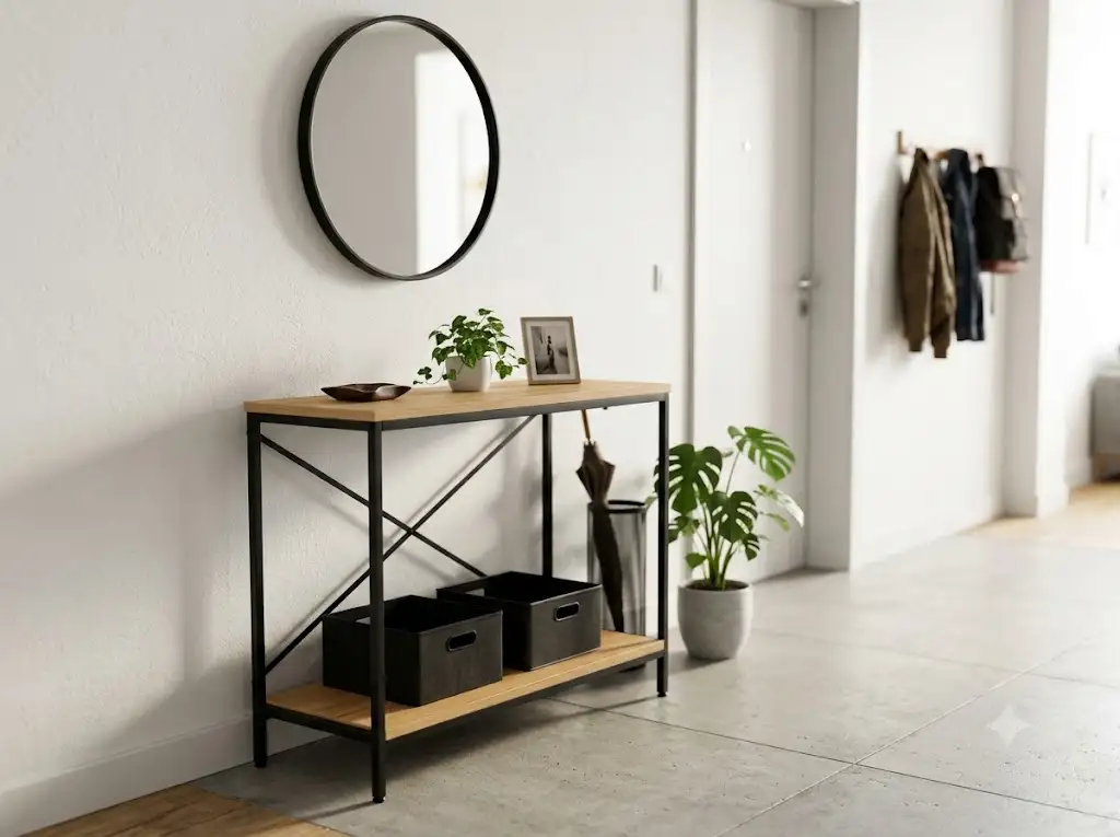 Console d'entrée pas cher au design industriel associant bois clair et métal noir dans un hall d'appartement