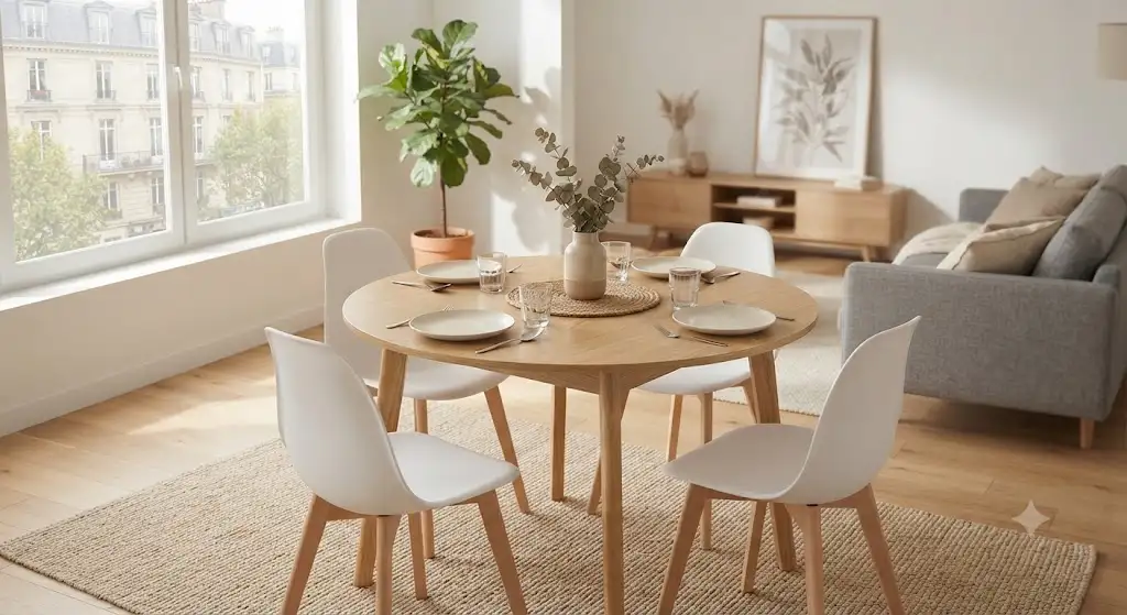 Table à manger ronde pas cher en bois clair installée dans un salon moderne lumineux.