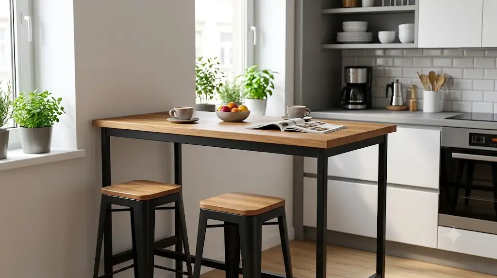 Table haute mange debout pas cher en bois et métal installée dans une petite cuisine moderne