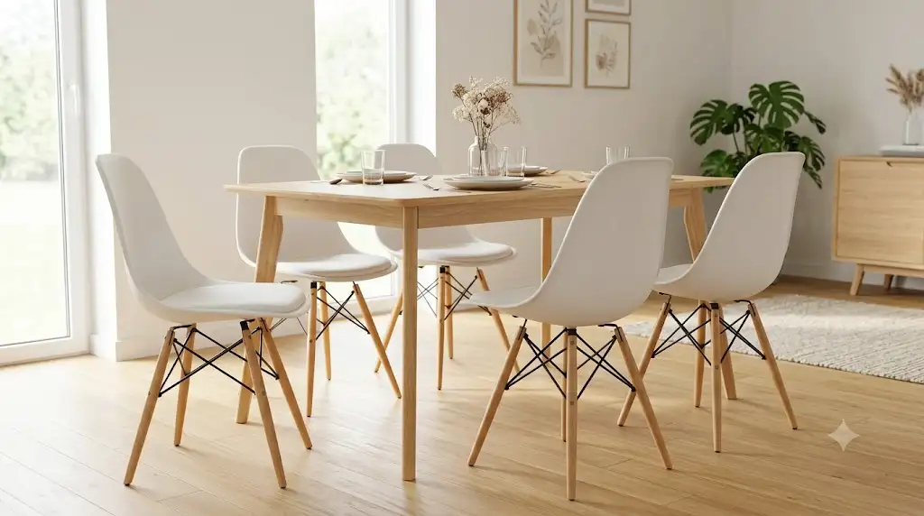 Lot de chaise scandinave pas cher en bois et assise blanche dans une salle à manger lumineuse.
