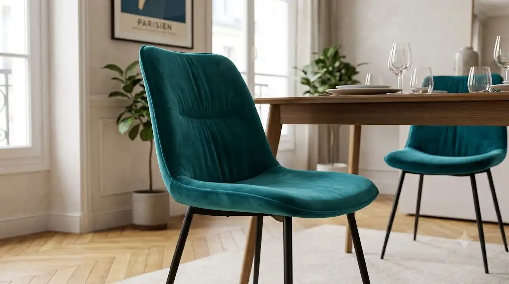 Chaise en velours bleu canard pas cher avec pieds en métal noir pour salle à manger moderne. (chaise velours pas cher)