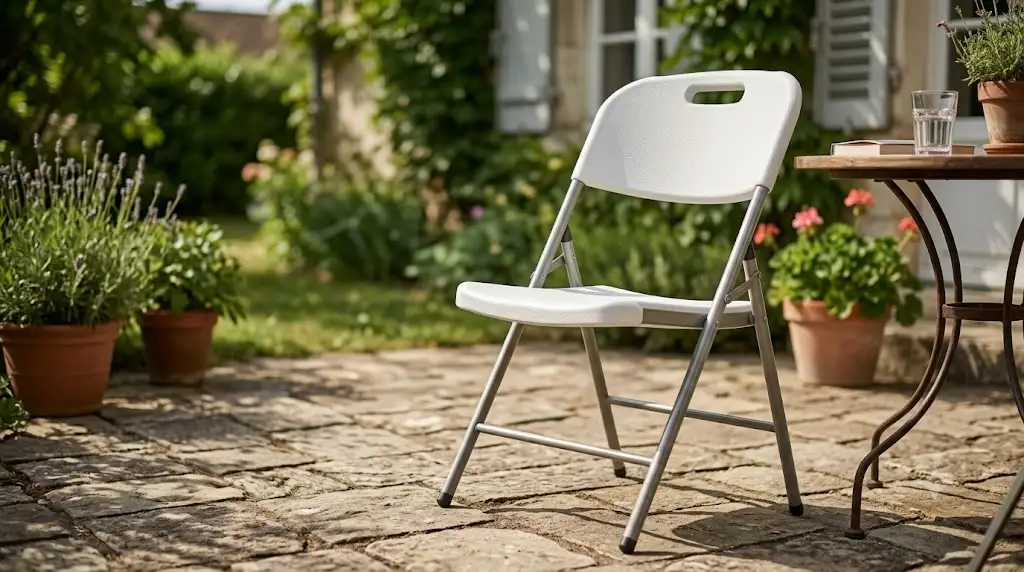Chaise pliante pas cher en plastique blanc installée sur une terrasse de jardin