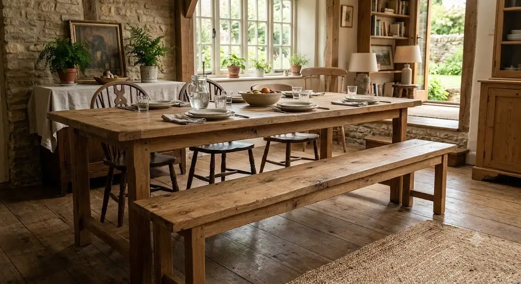 Banc de salle à manger pas cher en bois massif naturel installé autour d'une grande table de repas.