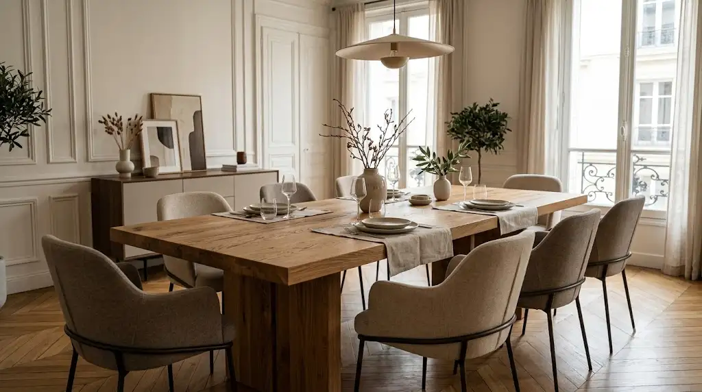 Table à manger haut de gamme en chêne massif contemporaine dans une salle à manger élégante