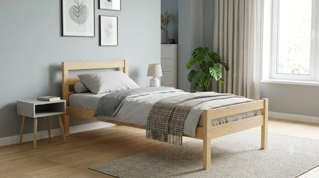 Cadre de lit 90x190 pas cher en bois clair installé dans une chambre moderne