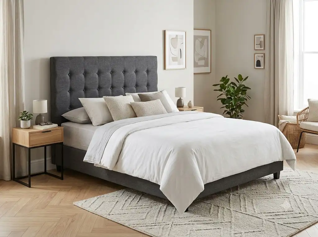 Lit double complet avec tête de lit capitonnée pas cher dans une chambre adulte moderne et lumineuse. (lit tête de lit capitonnée pas cher)
