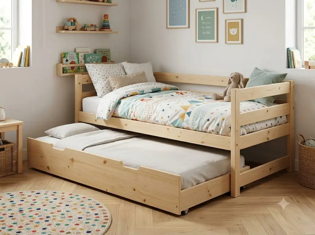 Lit gigogne pas cher en pin massif naturel avec tiroir coulissant dans une chambre d'enfant