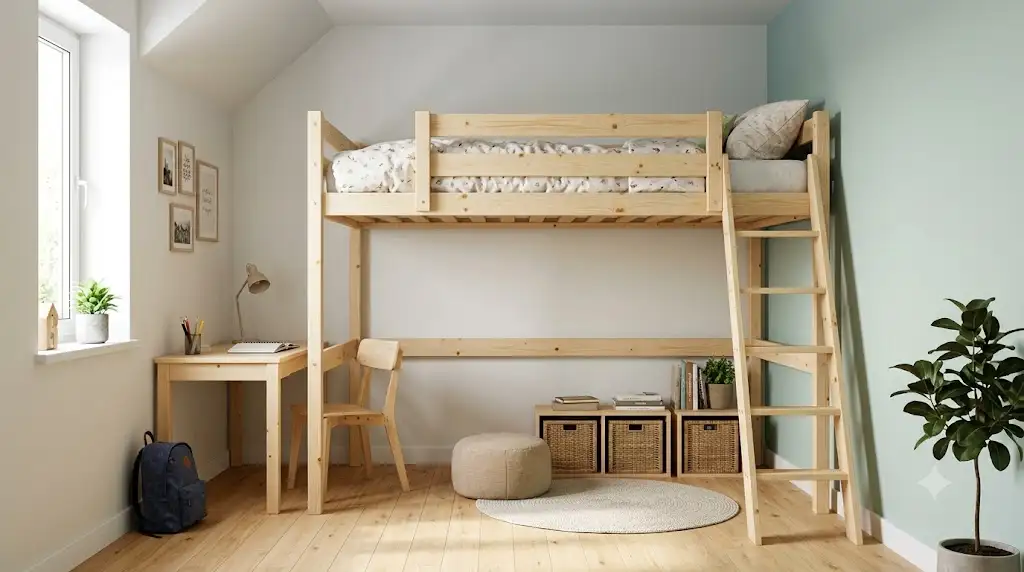 Lit mezzanine pas cher en bois de pin massif clair idéal pour optimiser l'espace d'une petite chambre